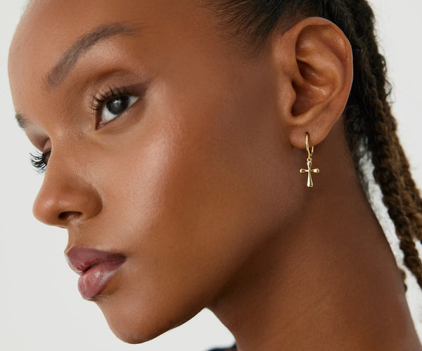 Cross Hoop Huggies Earrings - 18K Gold-Plated