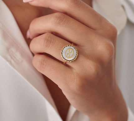 Personalized Mother of Pearl Zodiac Coin Ring Dabas Minimalist