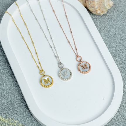 A- Gold Initial Necklace with Mother of Pearl | Twisted Rope Edge | 925 Sterling Silver - Dabas Minimalist