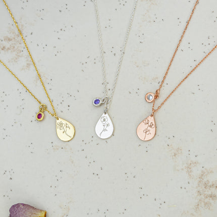 A- Tiny Drop Shape Birth Flower Necklace with Tiny Birthstone Pendant • Personalized 925K Sterling Silver Necklace for Women - Dabas Minimalist