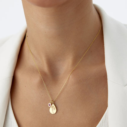 A- Tiny Drop Shape Birth Flower Necklace with Tiny Birthstone Pendant • Personalized 925K Sterling Silver Necklace for Women - Dabas Minimalist