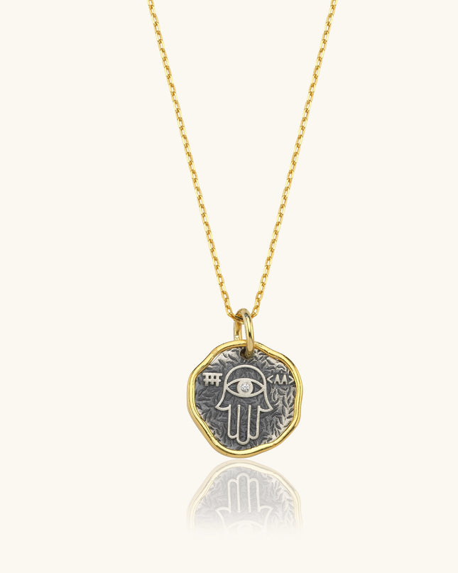 Hamsa Hand Coin Necklace – 18K Gold-Plated Sterling Silver with Black Chain Dabas Minimalist