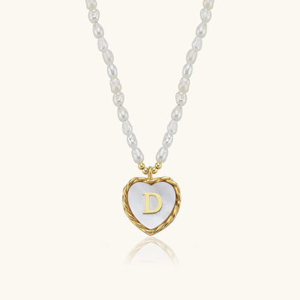 Mother of Pearl Heart Pendant Initial Necklace with Pearl Beaded, 18K Gold-Plated Sterling Silver