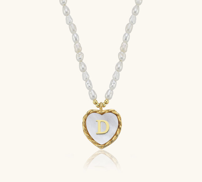 Mother of Pearl Heart Pendant Initial Necklace with Pearl Beaded, 18K Gold-Plated Sterling Silver