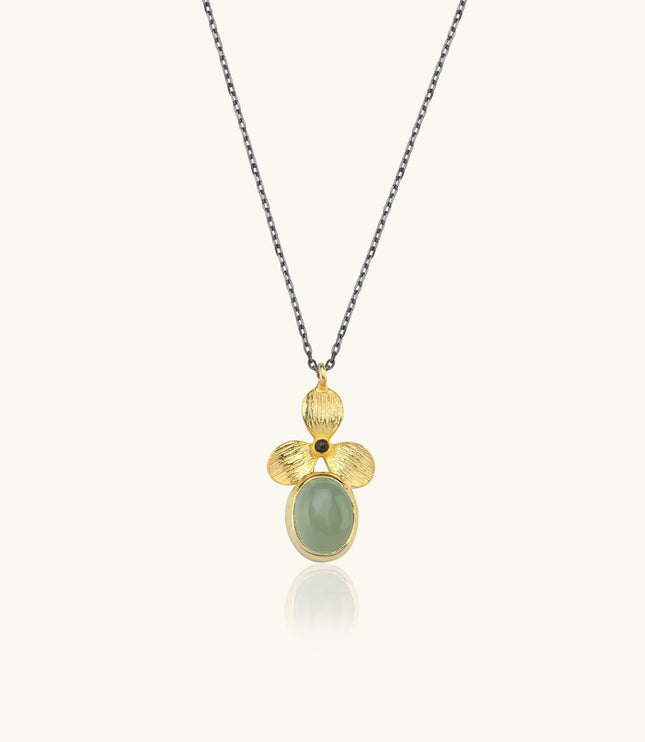 Green Chalcedony and Gold Orchid Pendant Necklace, 18K Gold-Plated Sterling Silver