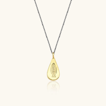 Urart Fish Engraved Pendant Necklace, 18K Gold-Plated Oxidized Sterling Silver