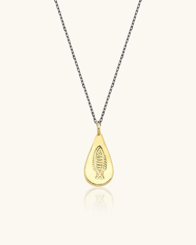 Urart Fish Engraved Pendant Necklace, 18K Gold-Plated Oxidized Sterling Silver Dabas Minimalist