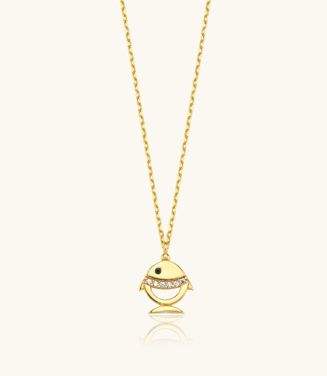 Tiny Fish Necklace with CZ Stone, 18K Gold-Plated Sterling Silver