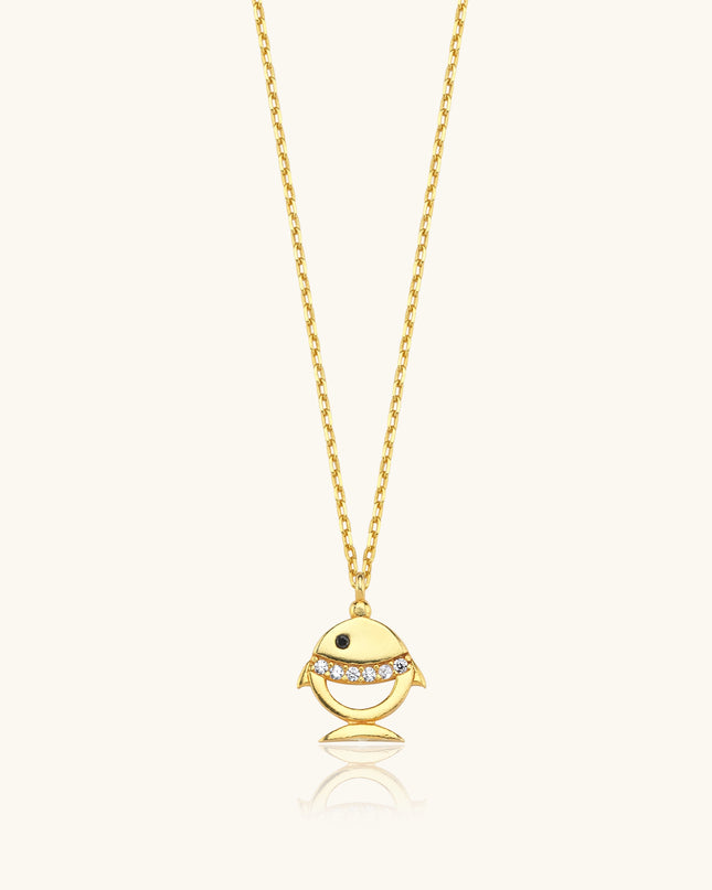 Tiny Fish Necklace with CZ Stone, 18K Gold-Plated Sterling Silver Dabas Minimalist