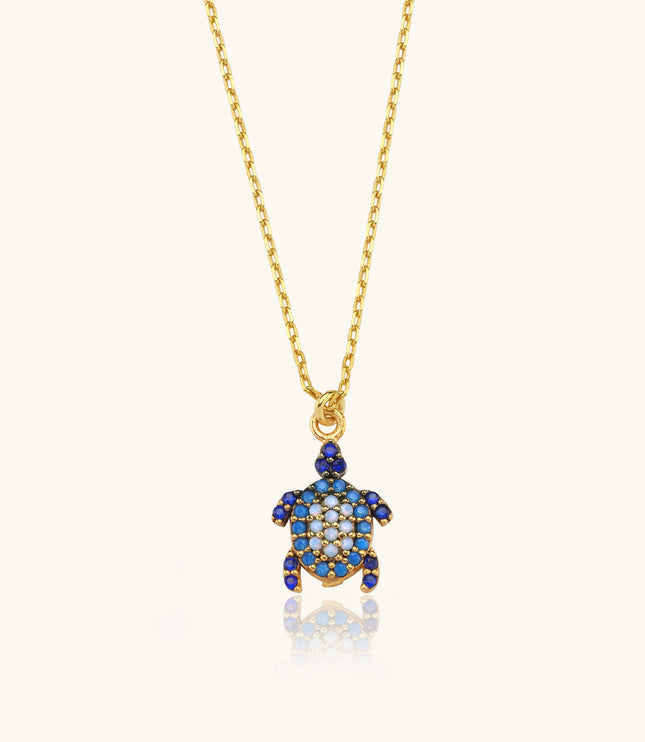 Turtle Necklace with CZ Colorful Stones, 18K Gold-Plated Sterling Silver