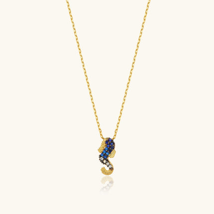 Seahorse Necklace with CZ Colorful Stones, 18K Gold-Plated Sterling Silver