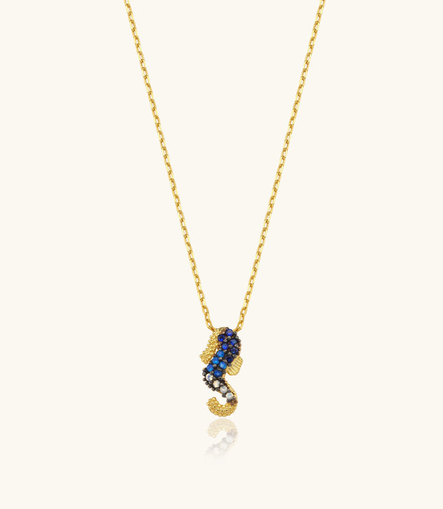 Seahorse Necklace with CZ Colorful Stones, 18K Gold-Plated Sterling Silver