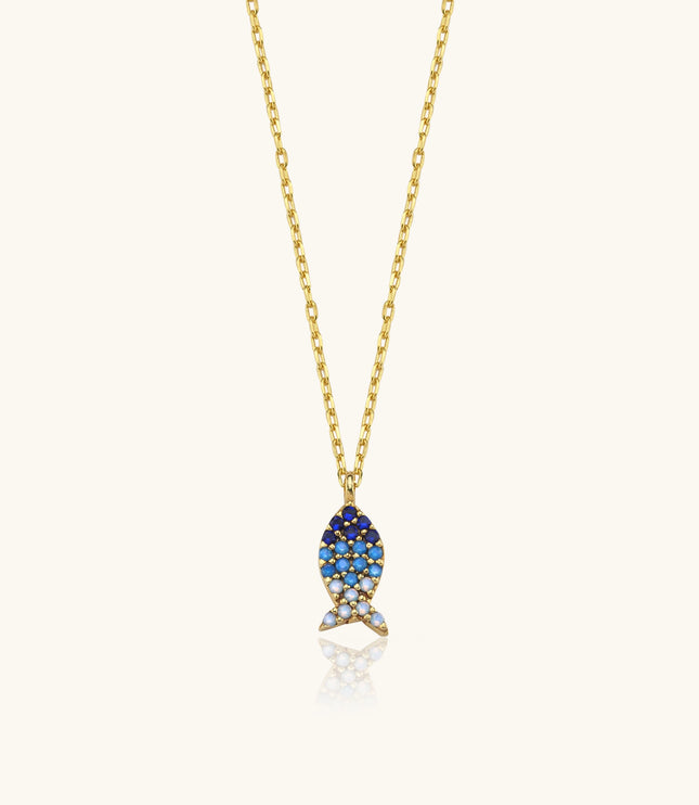 Fish Necklace with Colorful CZ Stones, 18K Gold-Plated Sterling Silver