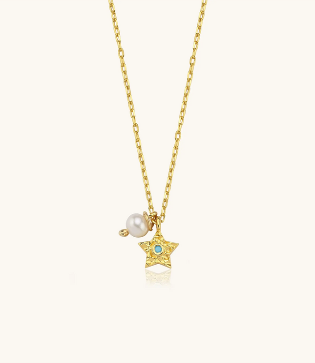 Tiny Star Necklace with Turquoise and Pearl, Celestial-Inspired Elegance