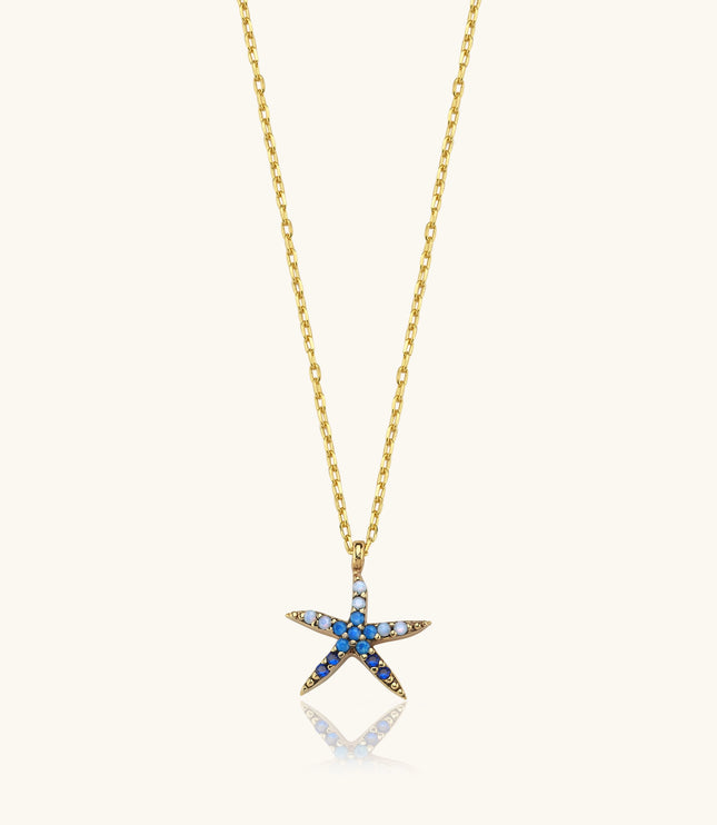 Starfish Necklace with CZ Colorful Stones, 18K Gold-Plated Sterling Silver