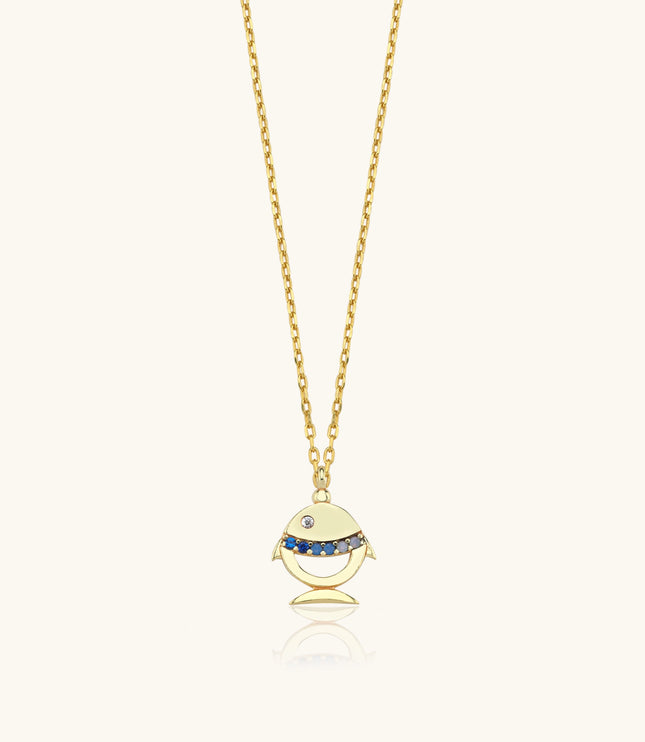 Tiny Fish Necklace with Colorful CZ Stone, 18K Gold-Plated Sterling Silver