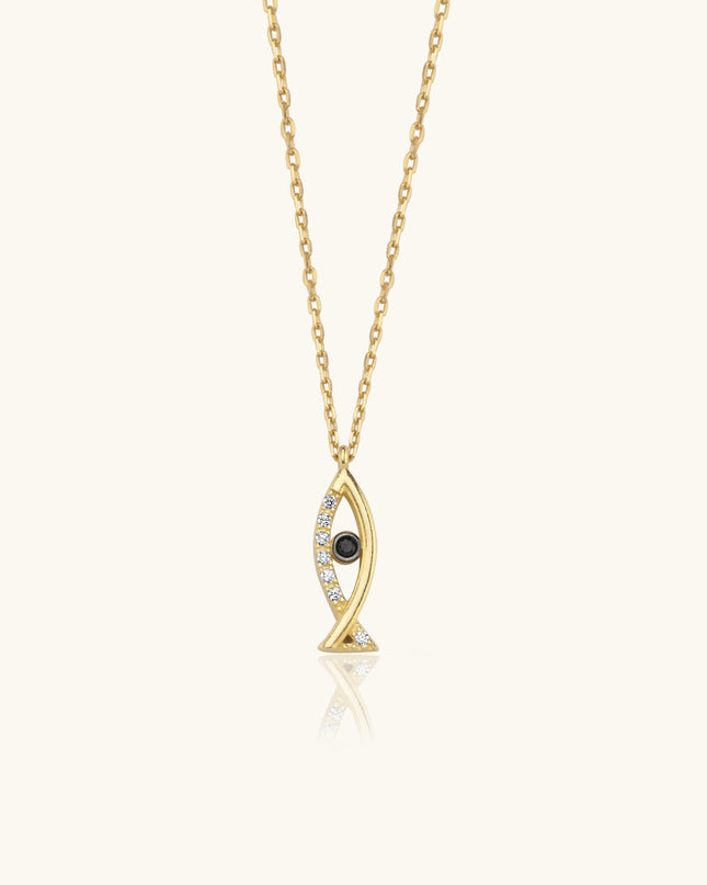 Fish Shaped Necklace with Black CZ Stones, 18K Gold-Plated Sterling Silver Dabas Minimalist