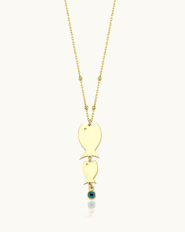 Mother Fish and Baby Necklace with Evil Eye - 18K Gold-Plated Sterling Silver Dabas Minimalist