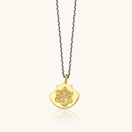 Ancient Mandala Lotus Flower Pendant Necklace, 18K Gold-Plated Oxidized Sterling Silver