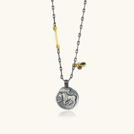 Ancient Zodiac Sign Necklace with Birthstone, 18K Gold-Plated Oxidized Sterling Silver