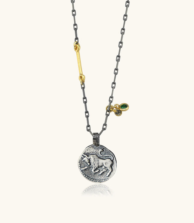 Ancient Zodiac Sign Necklace with Birthstone, 18K Gold-Plated Oxidized Sterling Silver