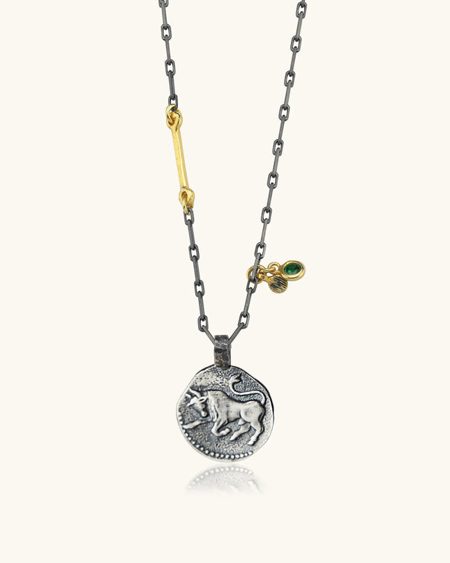 Ancient Zodiac Sign Necklace with Birthstone, 18K Gold-Plated Oxidized Sterling Silver Dabas Minimalist