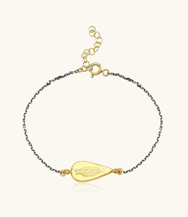 Urart Fish Engraved Bracelet, 18K Gold-Plated Oxidized Sterling Silver