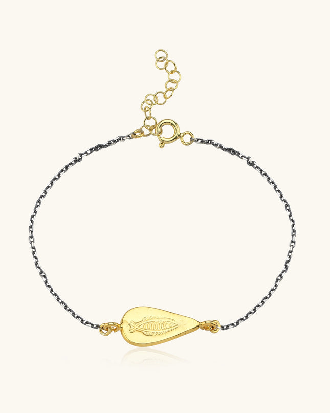 Urart Fish Engraved Bracelet, 18K Gold-Plated Oxidized Sterling Silver Dabas Minimalist