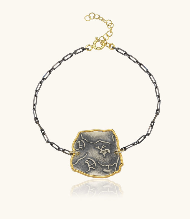 Handcrafted Ancient Petroglyph Bracelet, 18K Gold-Plated Oxidized Sterling Silver