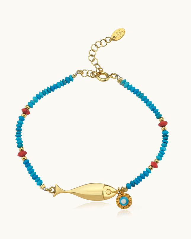 Turquoise Beaded Fish Charm Bracelet – 18K Gold-Plated Sterling Silver Dabas Minimalist