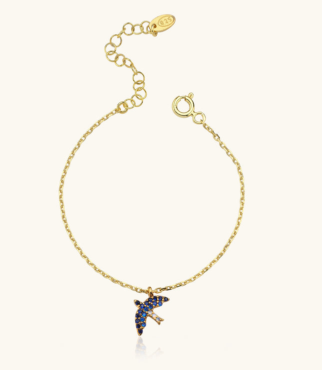 Dove Bird Bracelet with CZ Colorful Stones, 18K Gold-Plated Sterling Silver