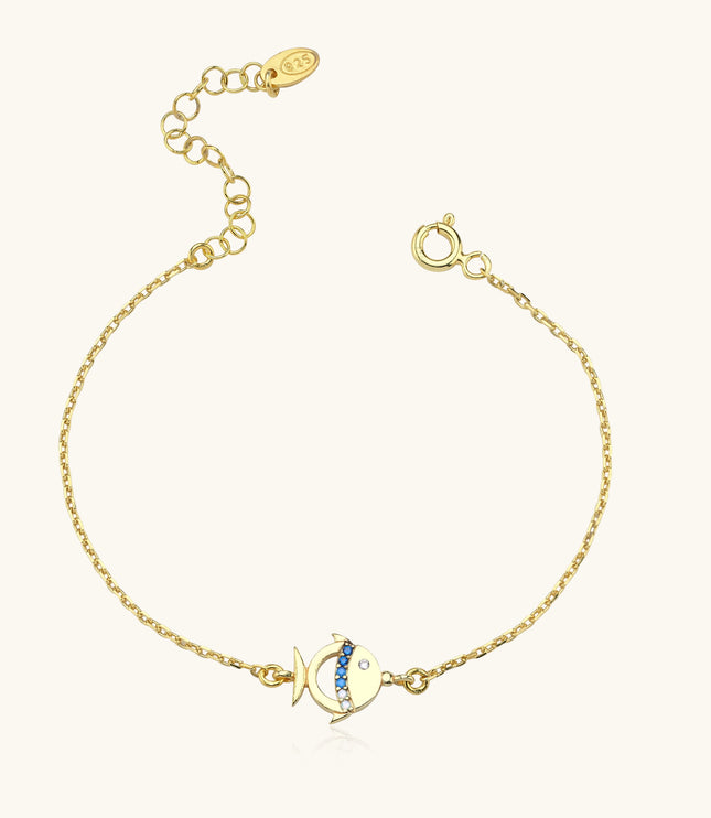 Fish Bracelet with Colorful CZ Stones, 18K Gold-Plated Sterling Silver