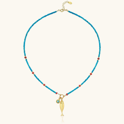 Turquoise Beaded Fish Charm Necklace – 18K Gold-Plated Sterling Silver Dabas Minimalist