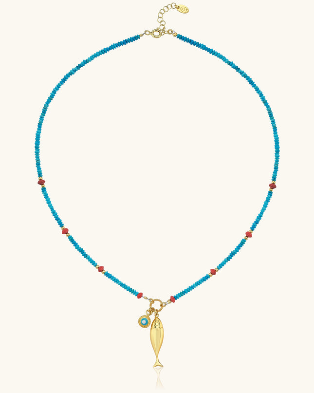 Turquoise Beaded Fish Charm Necklace – 18K Gold-Plated Sterling Silver Dabas Minimalist