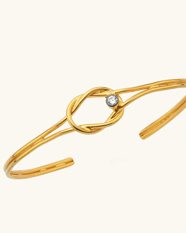 18K Gold Knot Solid Cuff Bangle Bracelet, Symbolic Jewelry Gold CZ Stone Dabas Minimalist