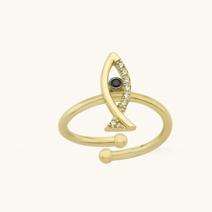 Fish Shaped Ring with CZ Stones and Black Onyx, 18K Gold-Plated Sterling Silver