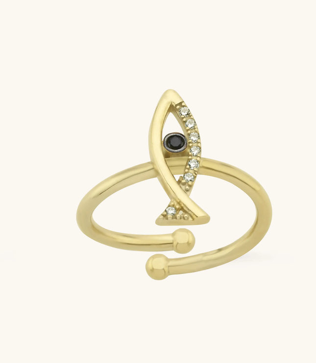 Fish Shaped Ring with CZ Stones and Black Onyx, 18K Gold-Plated Sterling Silver