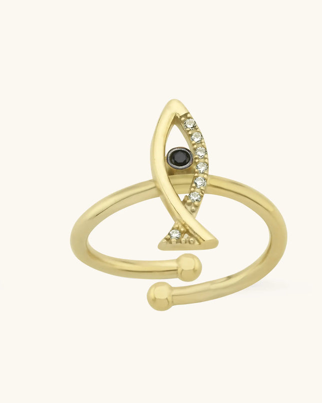 Fish Shaped Ring with Black CZ Stones, 18K Gold-Plated Sterling Silver Dabas Minimalist