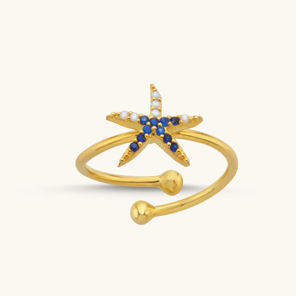 Starfish Ring with CZ Colorful Stones, 18K Gold-Plated Sterling Silver