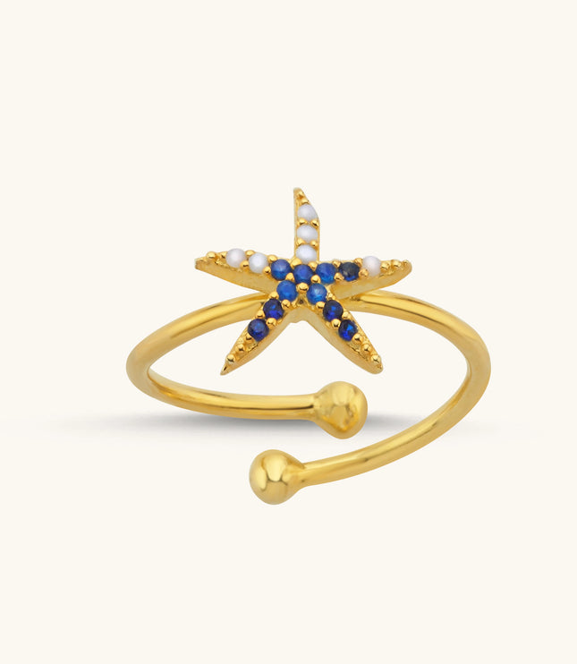 Starfish Ring with CZ Colorful Stones, 18K Gold-Plated Sterling Silver