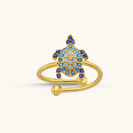 Turtle Ring with CZ Colorful Stones, 18K Gold-Plated Sterling Silver