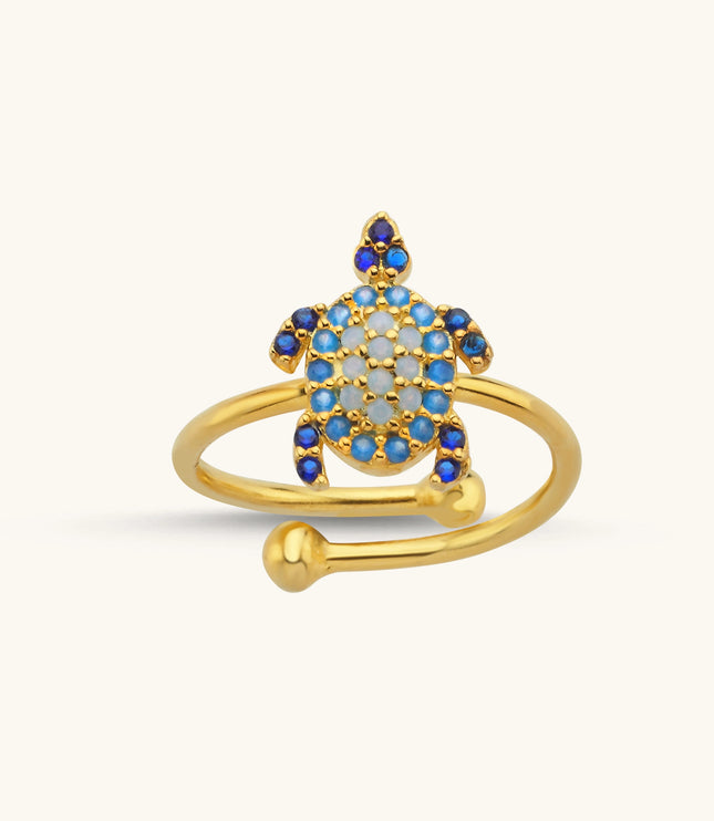 Turtle Ring with CZ Colorful Stones, 18K Gold-Plated Sterling Silver