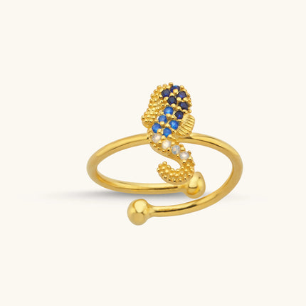 Seahorse Ring with CZ Colorful Stones, 18K Gold-Plated Sterling Silver