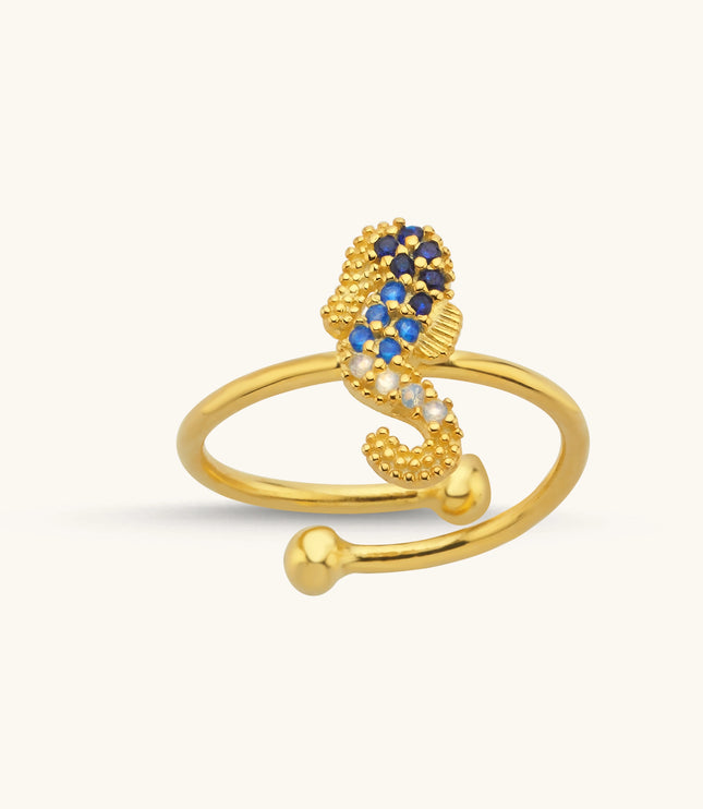 Seahorse Ring with CZ Colorful Stones, 18K Gold-Plated Sterling Silver