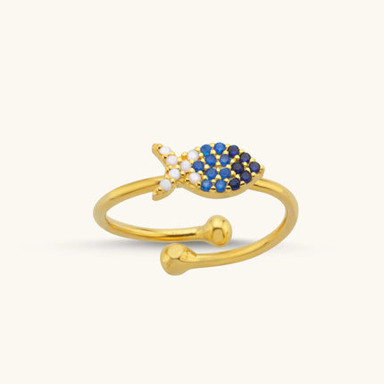 Fish Ring with Colorful CZ Stones, 18K Gold-Plated Sterling Silver