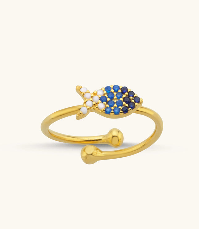 Fish Ring with Colorful CZ Stones, 18K Gold-Plated Sterling Silver