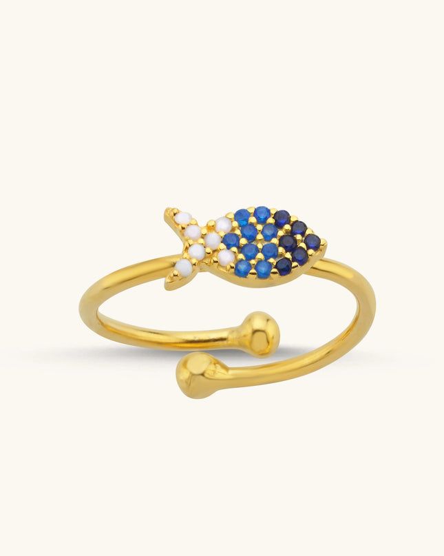 Fish Ring with Colorful CZ Stones, 18K Gold-Plated Sterling Silver Dabas Minimalist