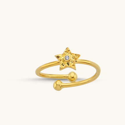 Tiny Gold Star Adjustable Ring with CZ Stone, Celestial-Inspired Jewelry