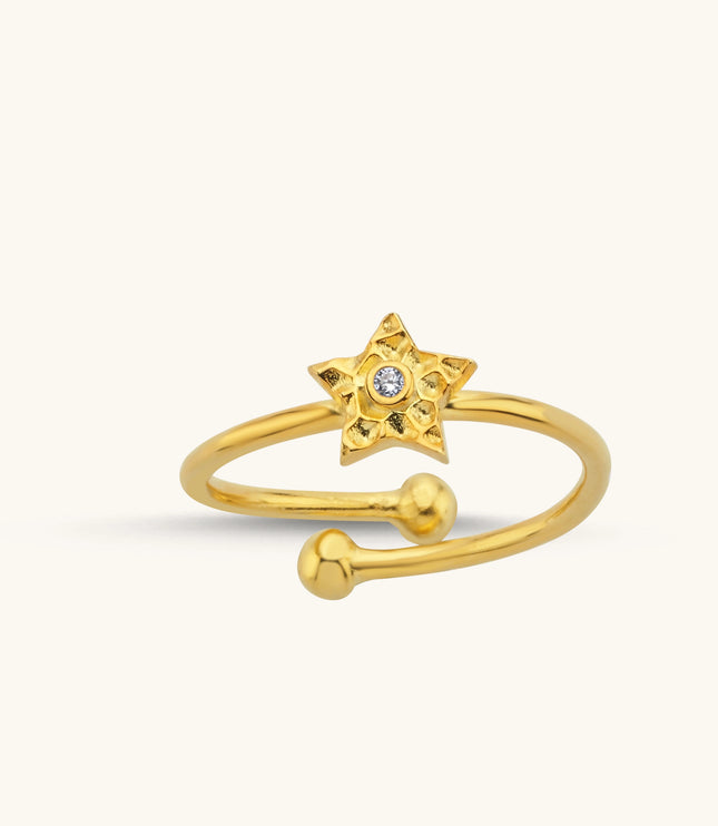 Tiny Gold Star Adjustable Ring with CZ Stone, Celestial-Inspired Jewelry