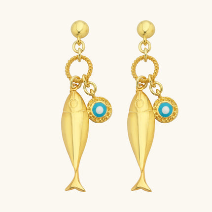 Fish Stud Earrings with Evil Eye Charm, 18K Gold-Plated Earrings